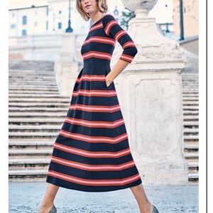 Boden Alma Ottoman Midi Dress Size 12R Striped Navy Blue Long Sleeve
